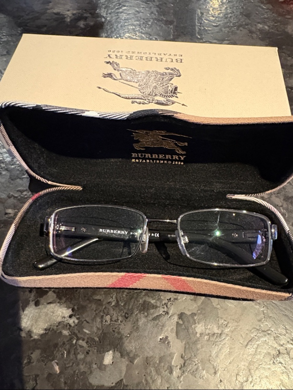 Authentic Burberry Black and Gray Check Temple Rectangular Frames Made in Italy